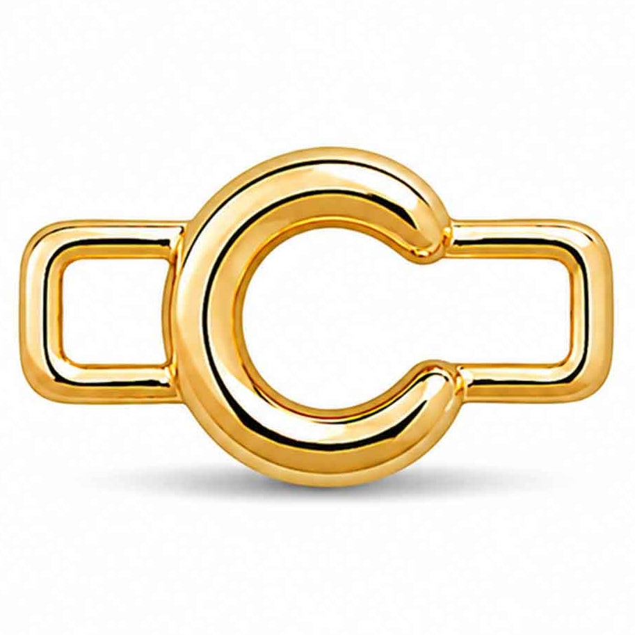 A polished gold-tone letter “C” charm with a glossy, reflective finish, featuring a bold uppercase A design integrated with a rectangular open-link frame. The charm has smooth rounded edges, a modern minimalist style, and a bright metallic surface, displayed against a clean white background.