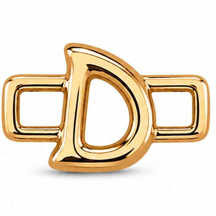 A polished gold-tone letter “”D charm with a glossy, reflective finish, featuring a bold uppercase A design integrated with a rectangular open-link frame. The charm has smooth rounded edges, a modern minimalist style, and a bright metallic surface, displayed against a clean white background.