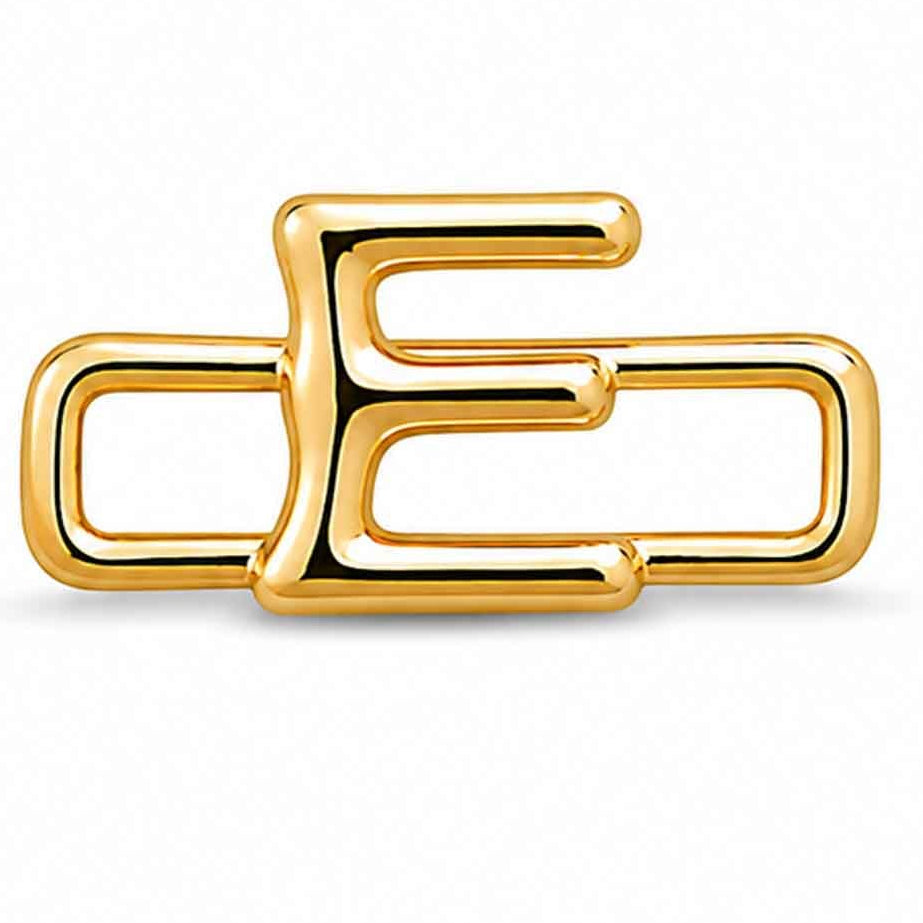 A polished gold-tone letter “E” charm with a glossy, reflective finish, featuring a bold uppercase A design integrated with a rectangular open-link frame. The charm has smooth rounded edges, a modern minimalist style, and a bright metallic surface, displayed against a clean white background.