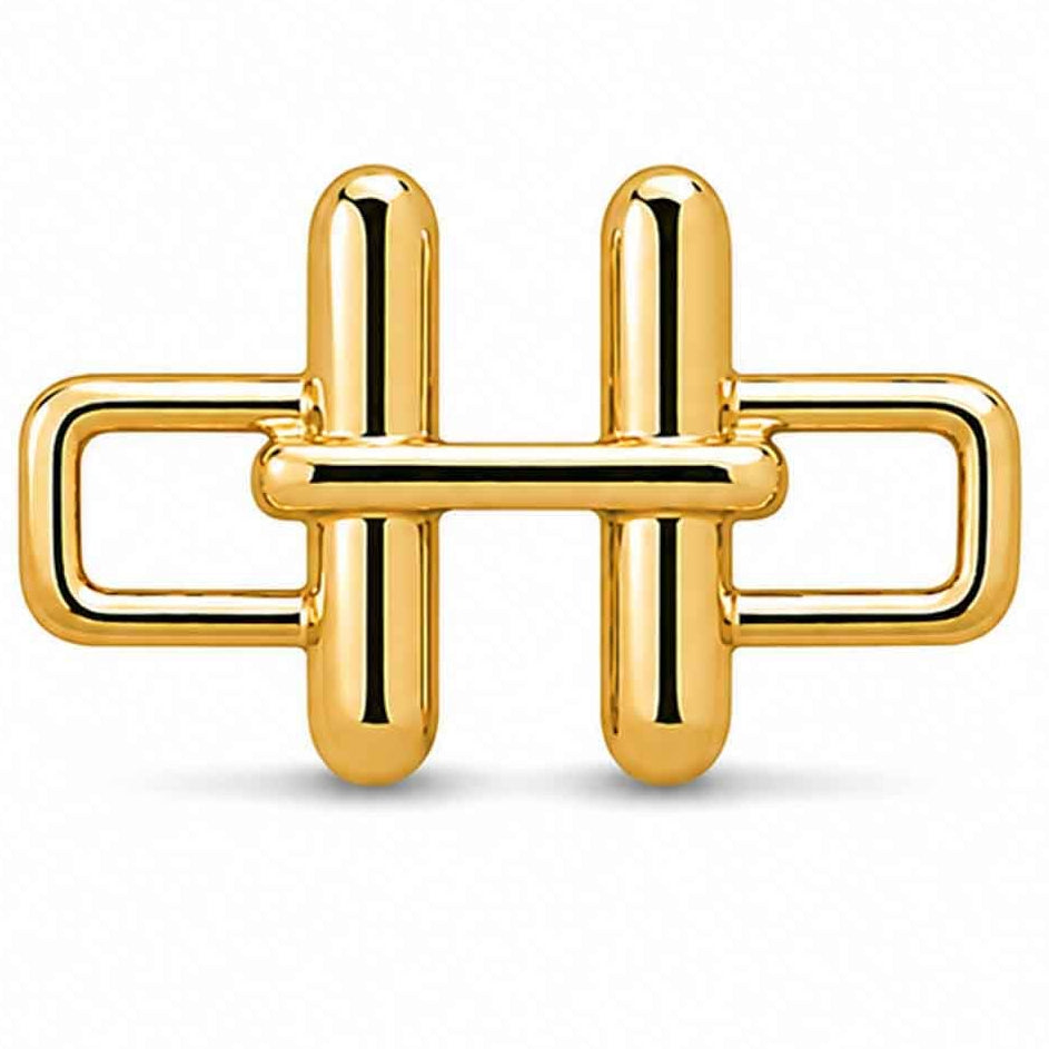 A polished gold-tone letter “H” charm with a glossy, reflective finish, featuring a bold uppercase A design integrated with a rectangular open-link frame. The charm has smooth rounded edges, a modern minimalist style, and a bright metallic surface, displayed against a clean white background.