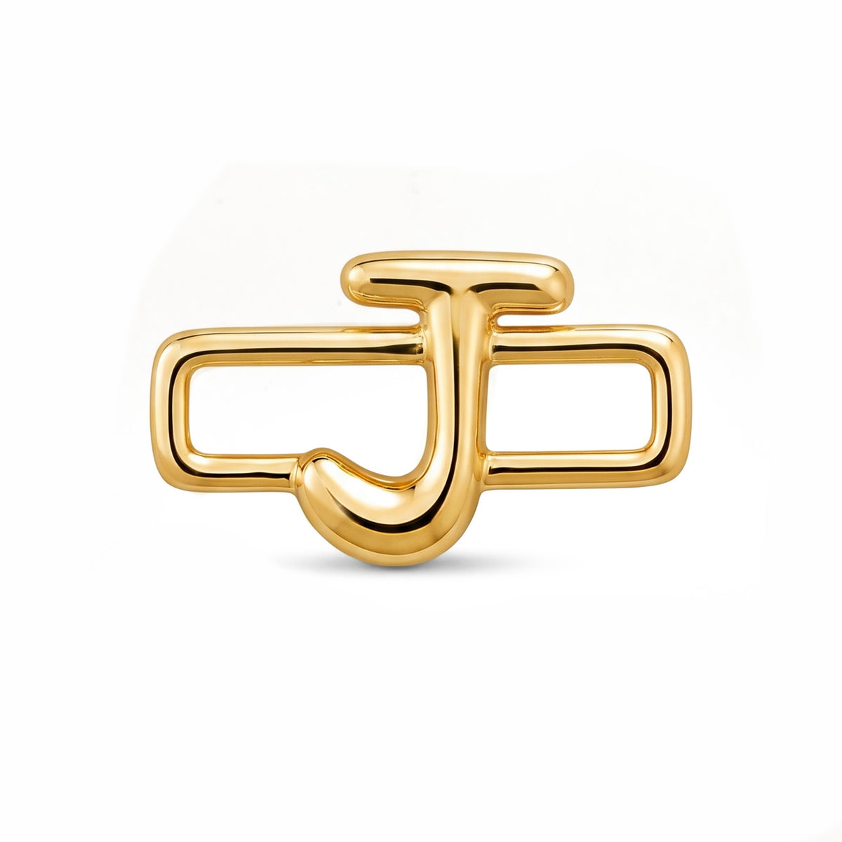 A polished gold-tone letter “J” charm with a glossy, reflective finish, featuring a bold uppercase A design integrated with a rectangular open-link frame. The charm has smooth rounded edges, a modern minimalist style, and a bright metallic surface, displayed against a clean white background.