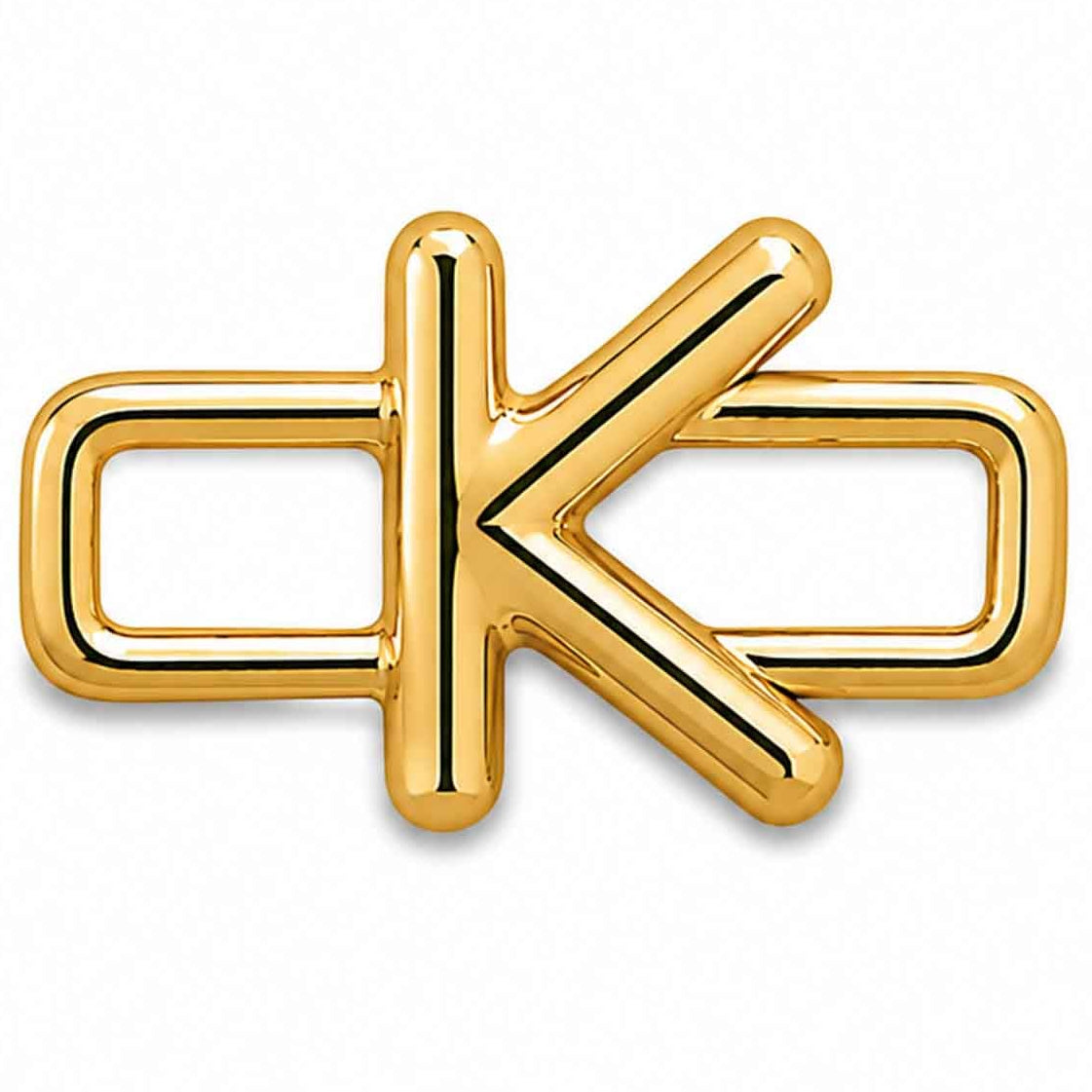 A polished gold-tone letter “K” charm with a glossy, reflective finish, featuring a bold uppercase A design integrated with a rectangular open-link frame. The charm has smooth rounded edges, a modern minimalist style, and a bright metallic surface, displayed against a clean white background.