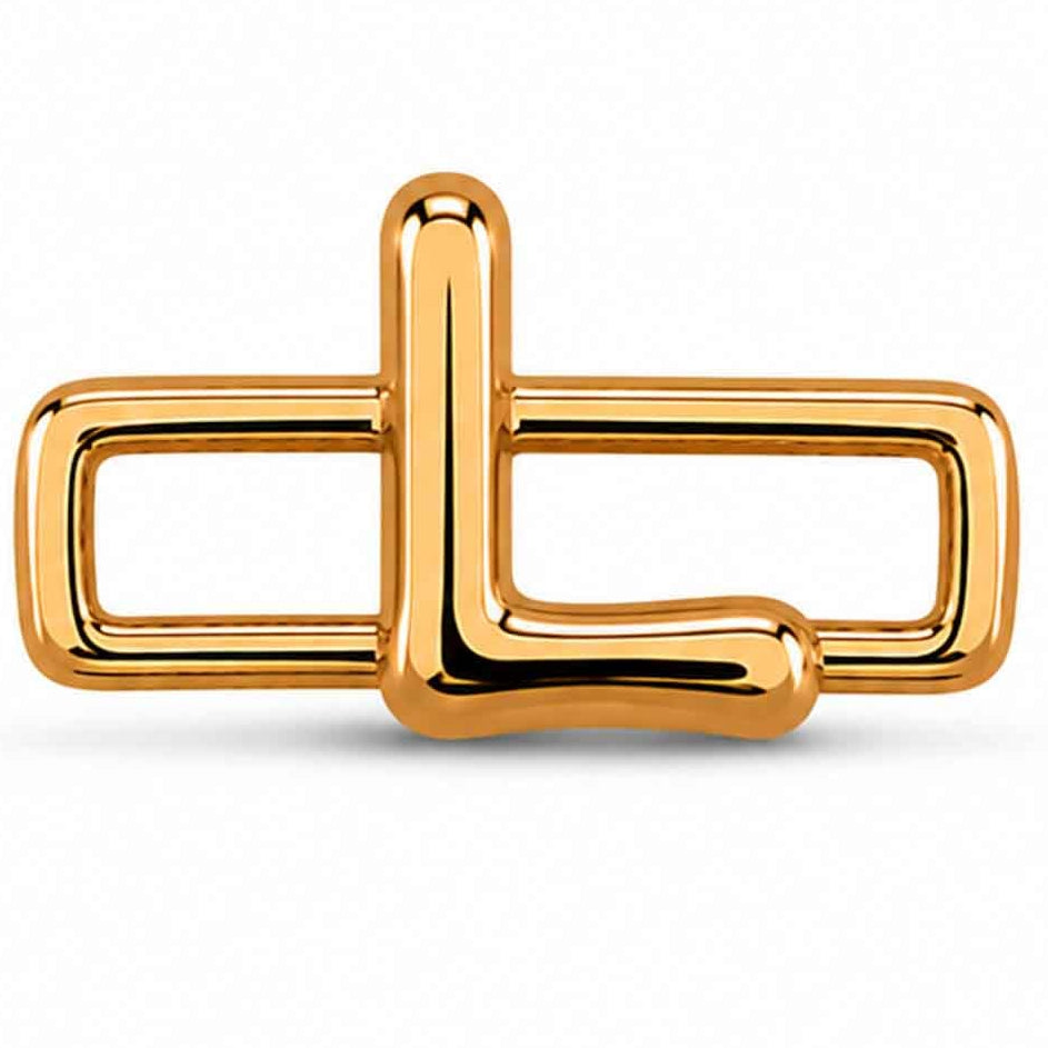A polished gold-tone letter “L” charm with a glossy, reflective finish, featuring a bold uppercase A design integrated with a rectangular open-link frame. The charm has smooth rounded edges, a modern minimalist style, and a bright metallic surface, displayed against a clean white background.