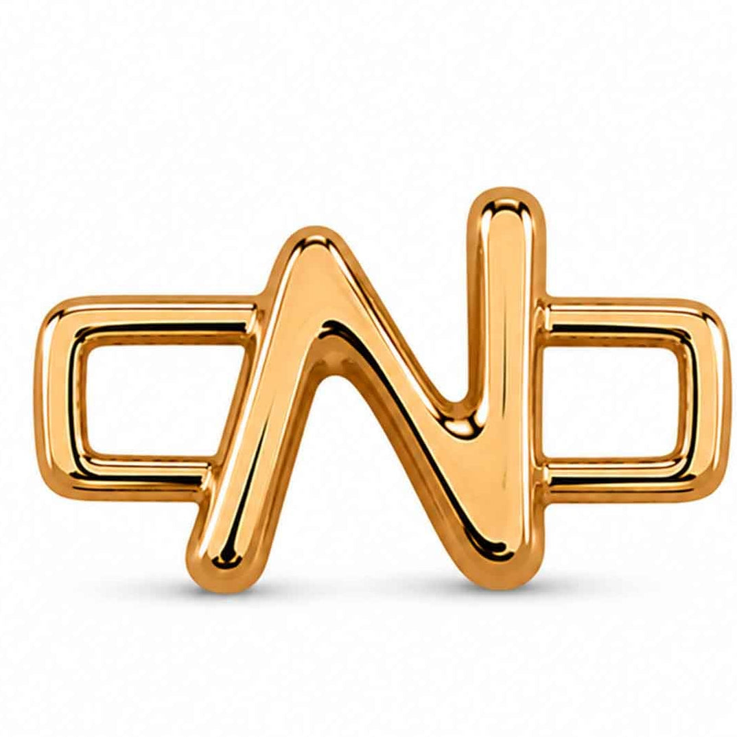 A polished gold-tone letter “N” charm with a glossy, reflective finish, featuring a bold uppercase A design integrated with a rectangular open-link frame. The charm has smooth rounded edges, a modern minimalist style, and a bright metallic surface, displayed against a clean white background.