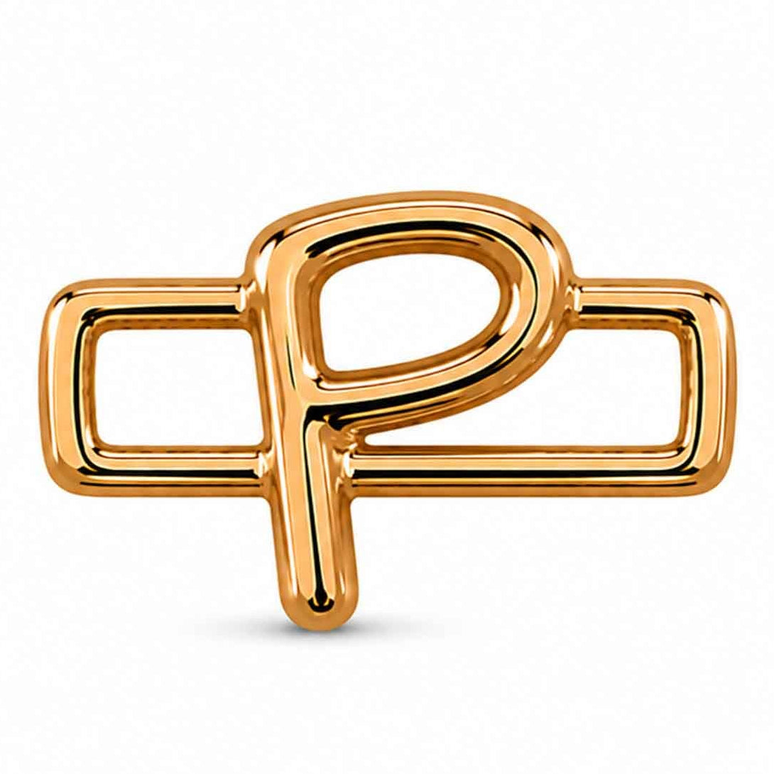 A polished gold-tone letter “P” charm with a glossy, reflective finish, featuring a bold uppercase A design integrated with a rectangular open-link frame. The charm has smooth rounded edges, a modern minimalist style, and a bright metallic surface, displayed against a clean white background.