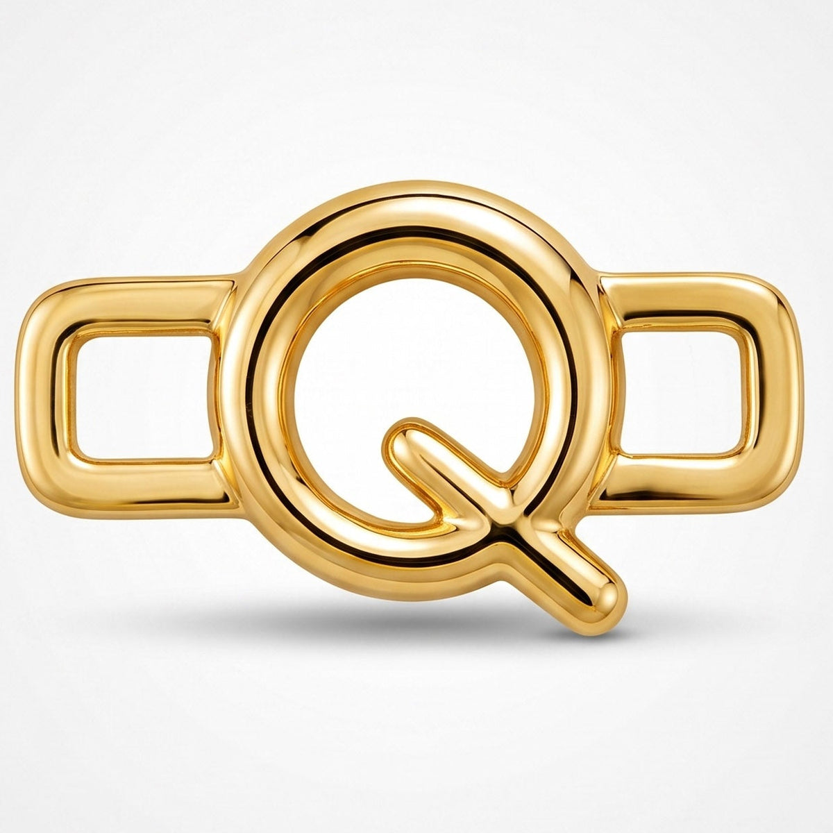 A polished gold-tone letter “Q” charm with a glossy, reflective finish, featuring a bold uppercase A design integrated with a rectangular open-link frame. The charm has smooth rounded edges, a modern minimalist style, and a bright metallic surface, displayed against a clean white background.