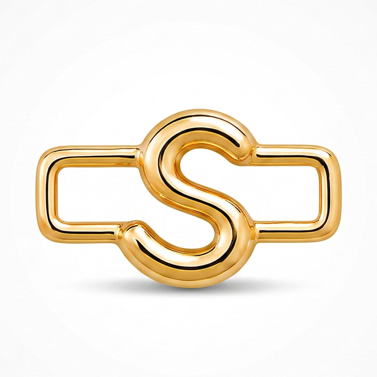 A polished gold-tone letter “S” charm with a glossy, reflective finish, featuring a bold uppercase A design integrated with a rectangular open-link frame. The charm has smooth rounded edges, a modern minimalist style, and a bright metallic surface, displayed against a clean white background.