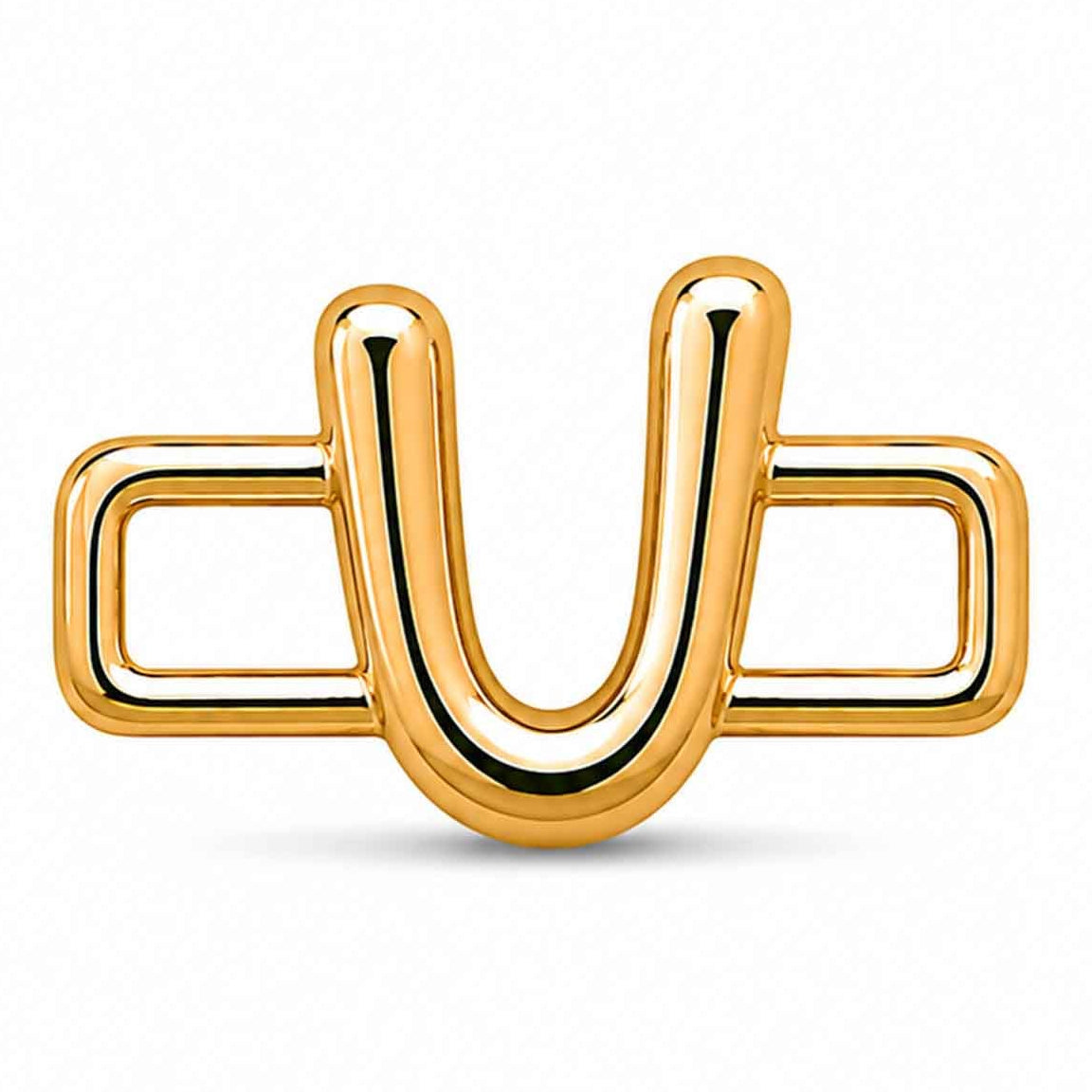 A polished gold-tone letter “U” charm with a glossy, reflective finish, featuring a bold uppercase A design integrated with a rectangular open-link frame. The charm has smooth rounded edges, a modern minimalist style, and a bright metallic surface, displayed against a clean white background.