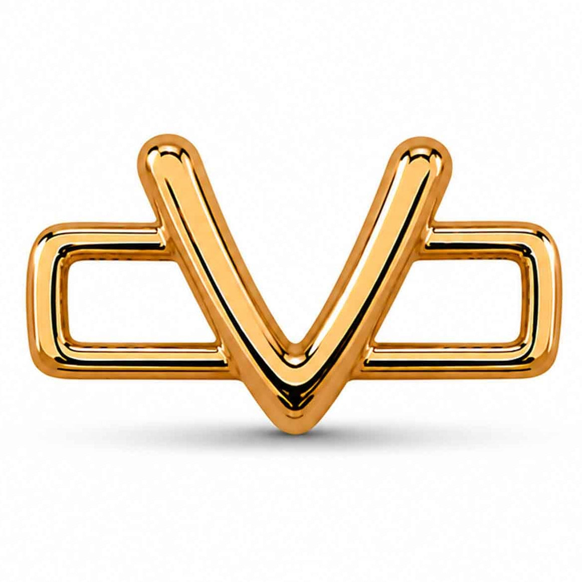A polished gold-tone letter “V” charm with a glossy, reflective finish, featuring a bold uppercase A design integrated with a rectangular open-link frame. The charm has smooth rounded edges, a modern minimalist style, and a bright metallic surface, displayed against a clean white background.