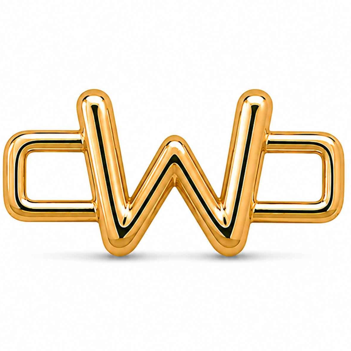 A polished gold-tone letter “W” charm with a glossy, reflective finish, featuring a bold uppercase A design integrated with a rectangular open-link frame. The charm has smooth rounded edges, a modern minimalist style, and a bright metallic surface, displayed against a clean white background.