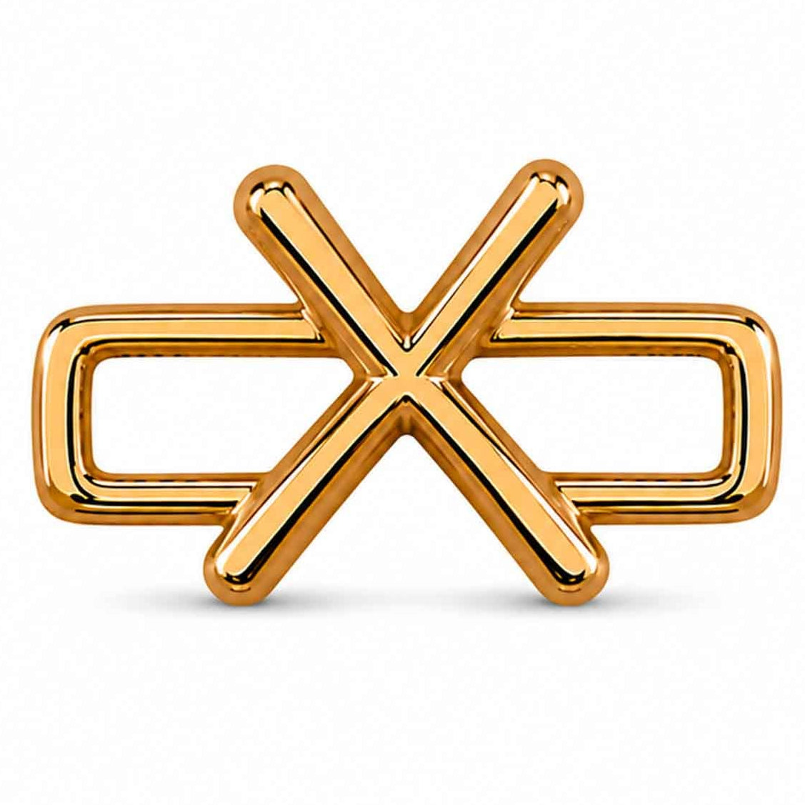 A polished gold-tone letter “X” charm with a glossy, reflective finish, featuring a bold uppercase A design integrated with a rectangular open-link frame. The charm has smooth rounded edges, a modern minimalist style, and a bright metallic surface, displayed against a clean white background.