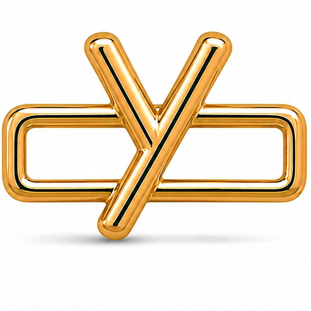 A polished gold-tone letter “Y” charm with a glossy, reflective finish, featuring a bold uppercase A design integrated with a rectangular open-link frame. The charm has smooth rounded edges, a modern minimalist style, and a bright metallic surface, displayed against a clean white background.