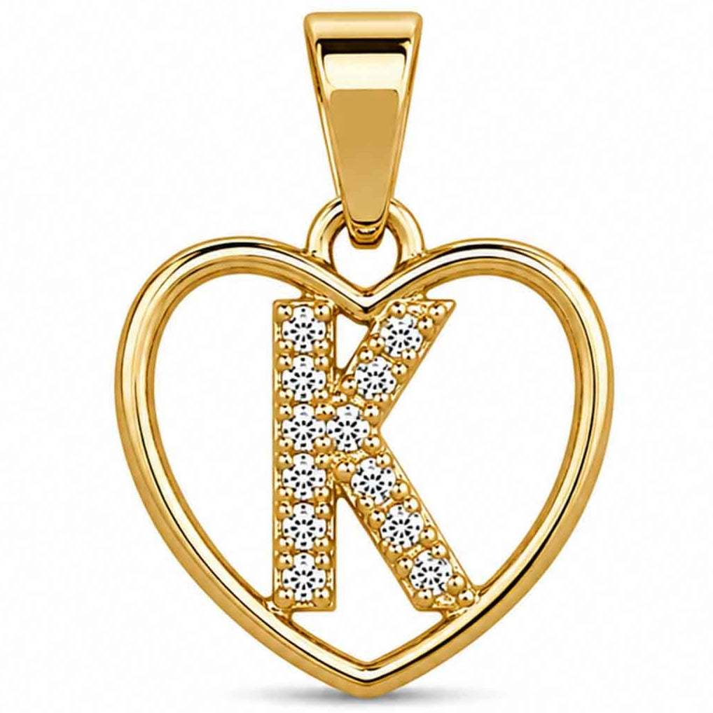 Gold heart-shaped pendant with a sparkling crystal-encrusted letter K design, polished gold finish, and a top bail, displayed on a clean white background.