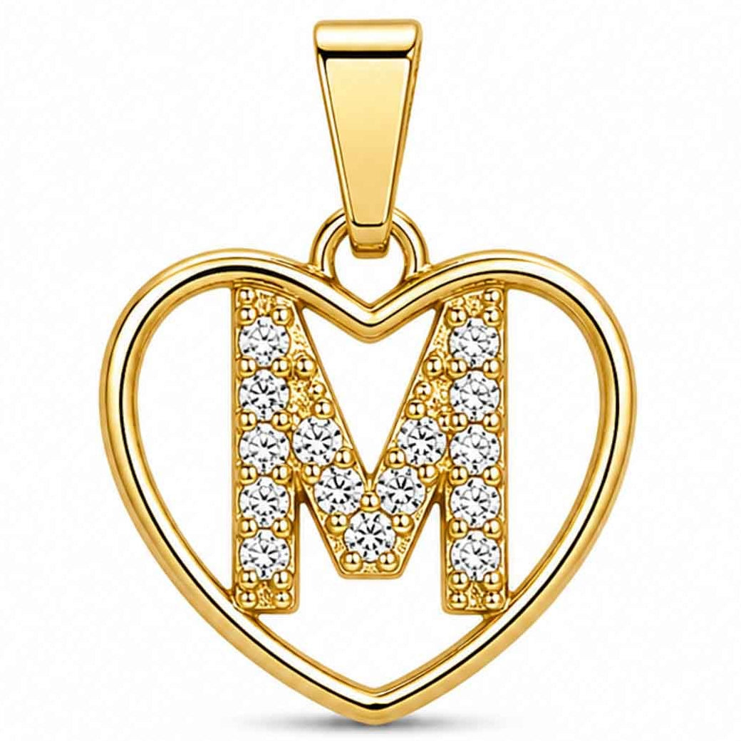 Gold heart-shaped pendant with a sparkling crystal-encrusted letter M design, polished gold finish, and a top bail, displayed on a clean white background.