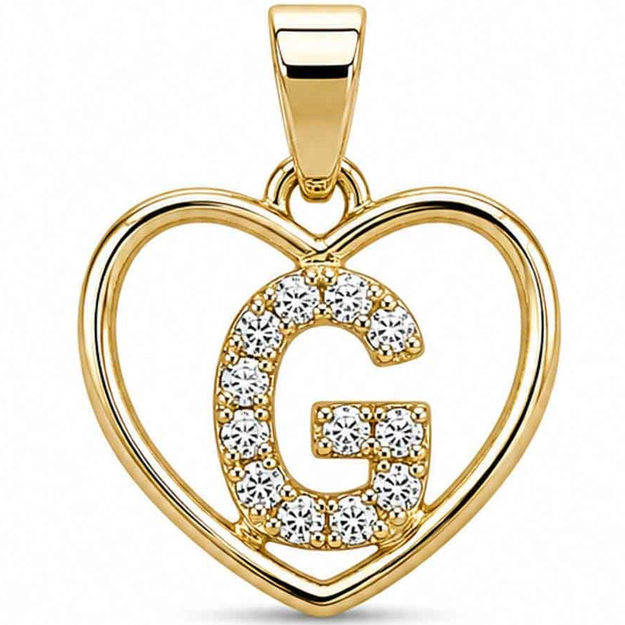 LOVE LETTER CHARM XGold heart-shaped pendant with a sparkling crystal-encrusted letter G design, polished gold finish, and a top bail, displayed on a clean white background.