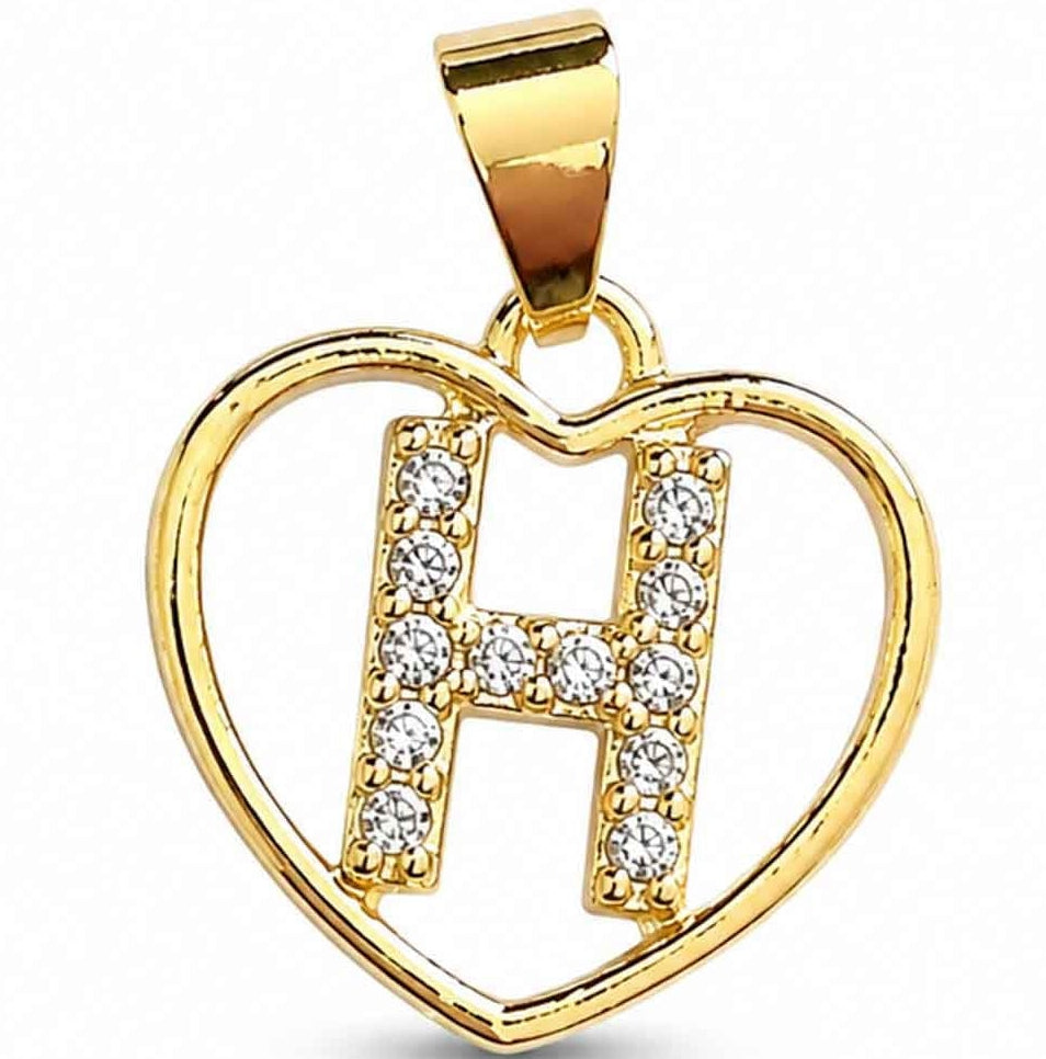 LOVE LETTER CHARM XGold heart-shaped pendant with a sparkling crystal-encrusted letter H design, polished gold finish, and a top bail, displayed on a clean white background.
