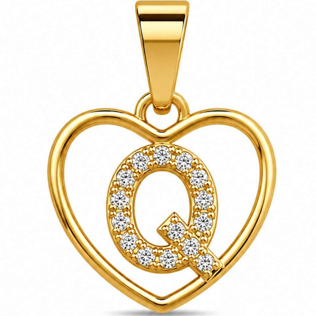 Gold heart-shaped pendant with a sparkling crystal-encrusted letter Q design, polished gold finish, and a top bail, displayed on a clean white background.
