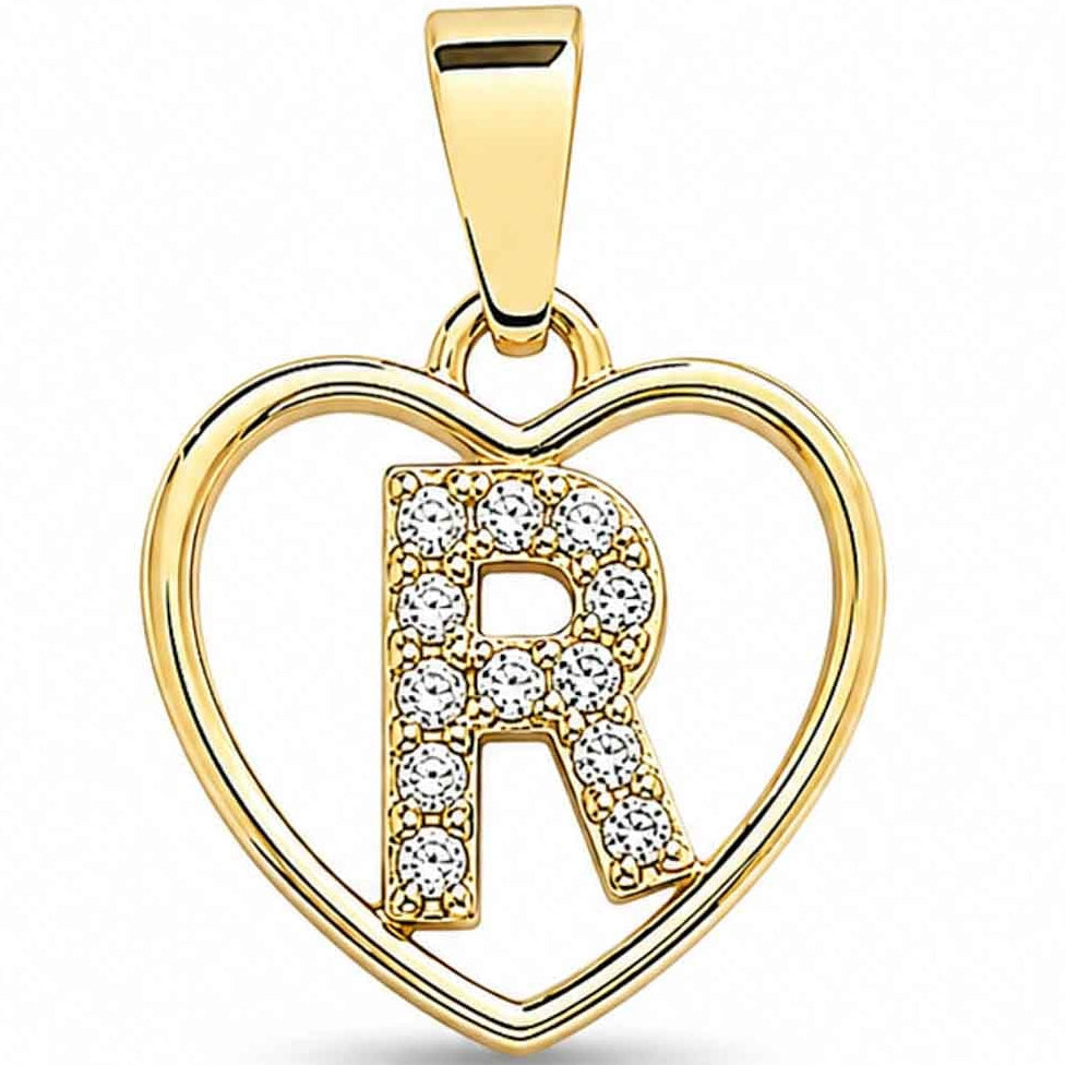 Gold heart-shaped pendant with a sparkling crystal-encrusted letter R design, polished gold finish, and a top bail, displayed on a clean white background.
