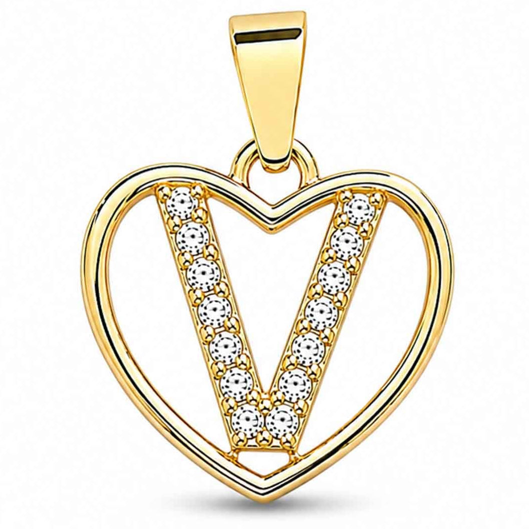 Gold heart-shaped pendant with a sparkling crystal-encrusted letter V design, polished gold finish, and a top bail, displayed on a clean white background.