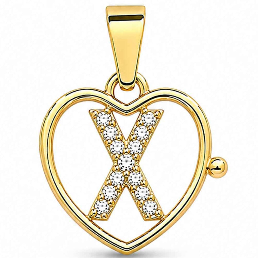 LOVE LETTER CHARM XGold heart-shaped pendant with a sparkling crystal-encrusted letter X design, polished gold finish, and a top bail, displayed on a clean white background.