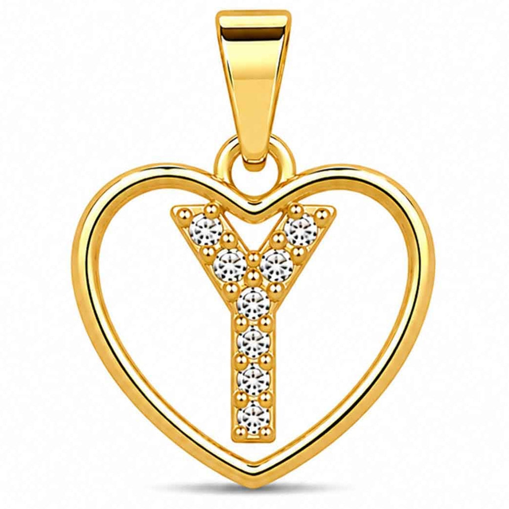 LOVE LETTER CHARM XGold heart-shaped pendant with a sparkling crystal-encrusted letter Y design, polished gold finish, and a top bail, displayed on a clean white background.
