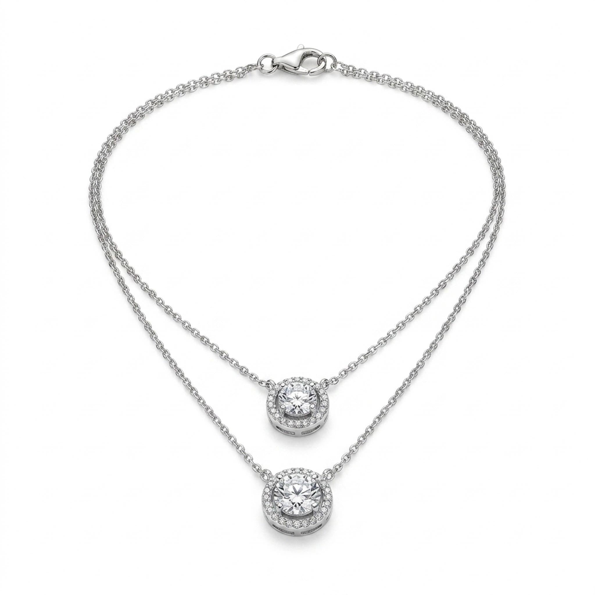 Layered Sparkle 925 sterling silver necklace featuring a double-layer chain design with two round crystal halo pendants