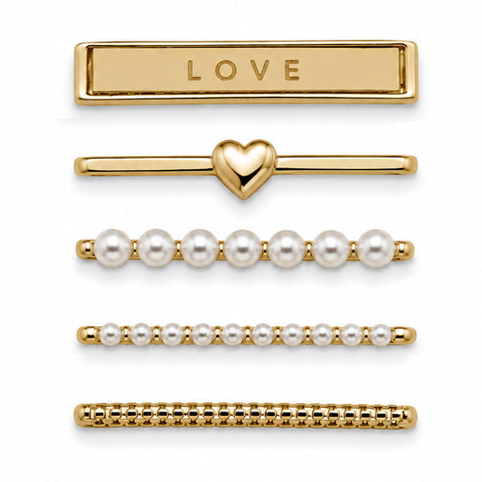 Gold-tone watch charms featuring a LOVE bar, heart detail, pearl accents, and textured chain-style designs, displayed on a white background.