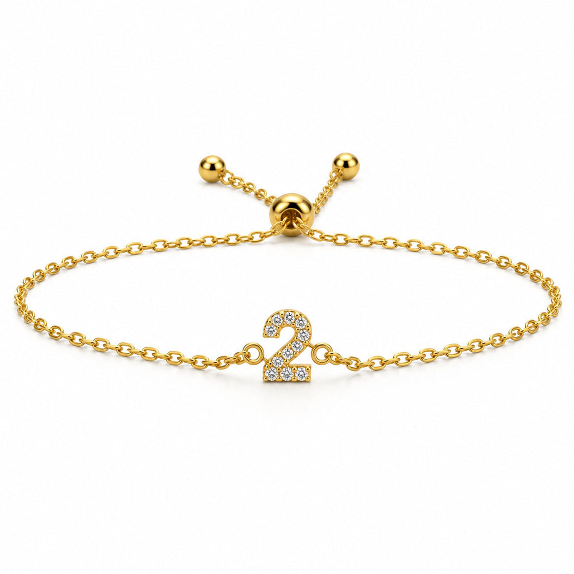 Gold chain lucky number 2 crystal bracelet with an adjustable slider clasp on a white background.