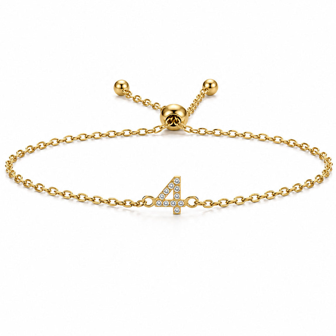 Gold chain lucky number 4 crystal bracelet with an adjustable slider clasp on a white background.