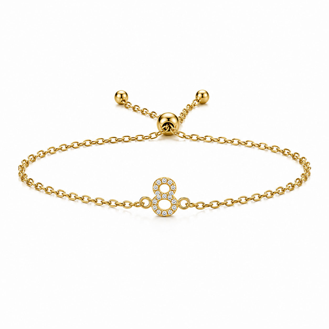 Gold chain lucky number 8 crystal bracelet with an adjustable slider clasp on a white background.