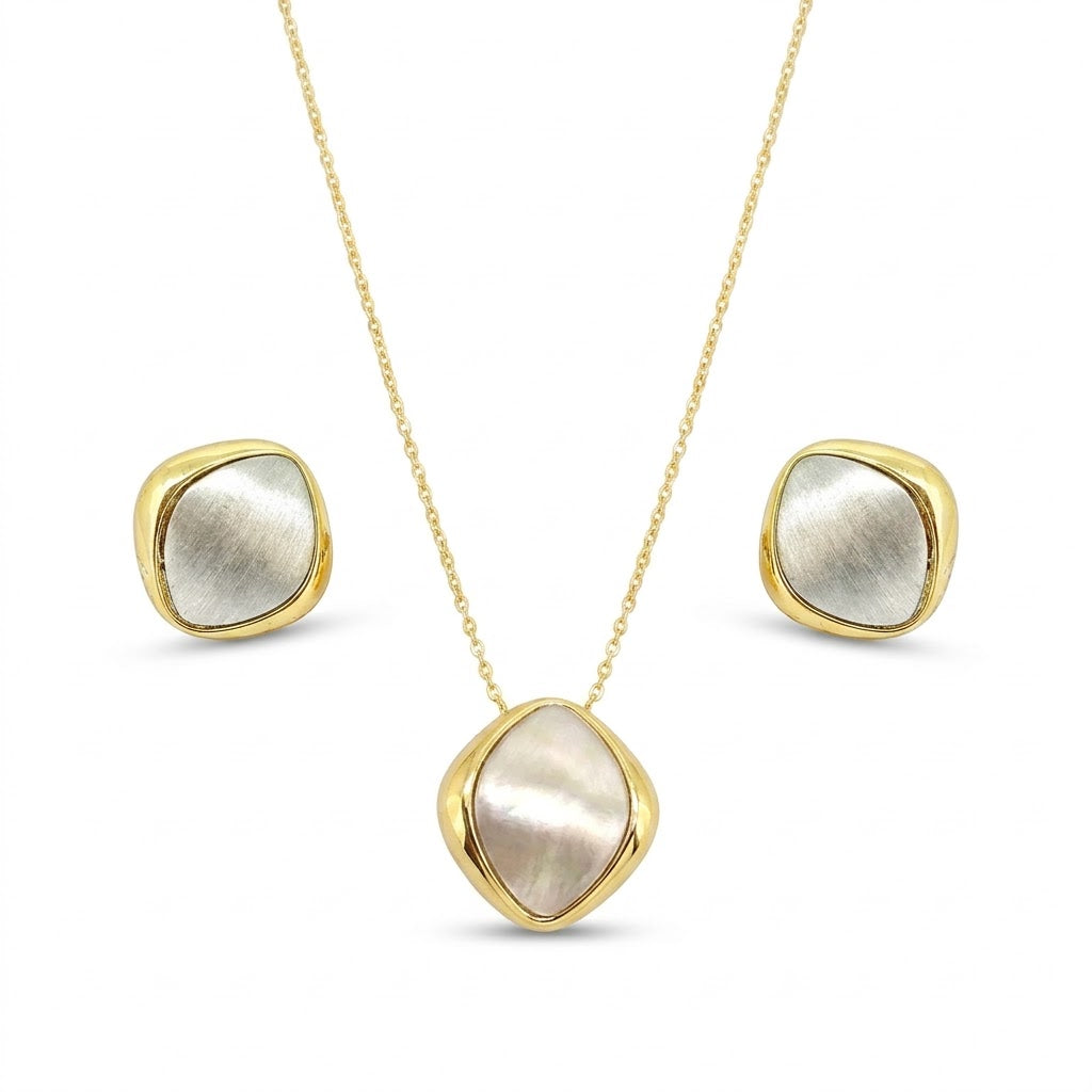 Anti-tarnish gold jewelry set featuring a pendant necklace with an iridescent mother-of-pearl cushion stone in a gold bezel, paired with matching brushed silver and gold stud earrings.