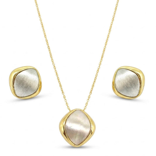 Anti-tarnish gold jewelry set featuring a pendant necklace with an iridescent mother-of-pearl cushion stone in a gold bezel, paired with matching brushed silver and gold stud earrings.