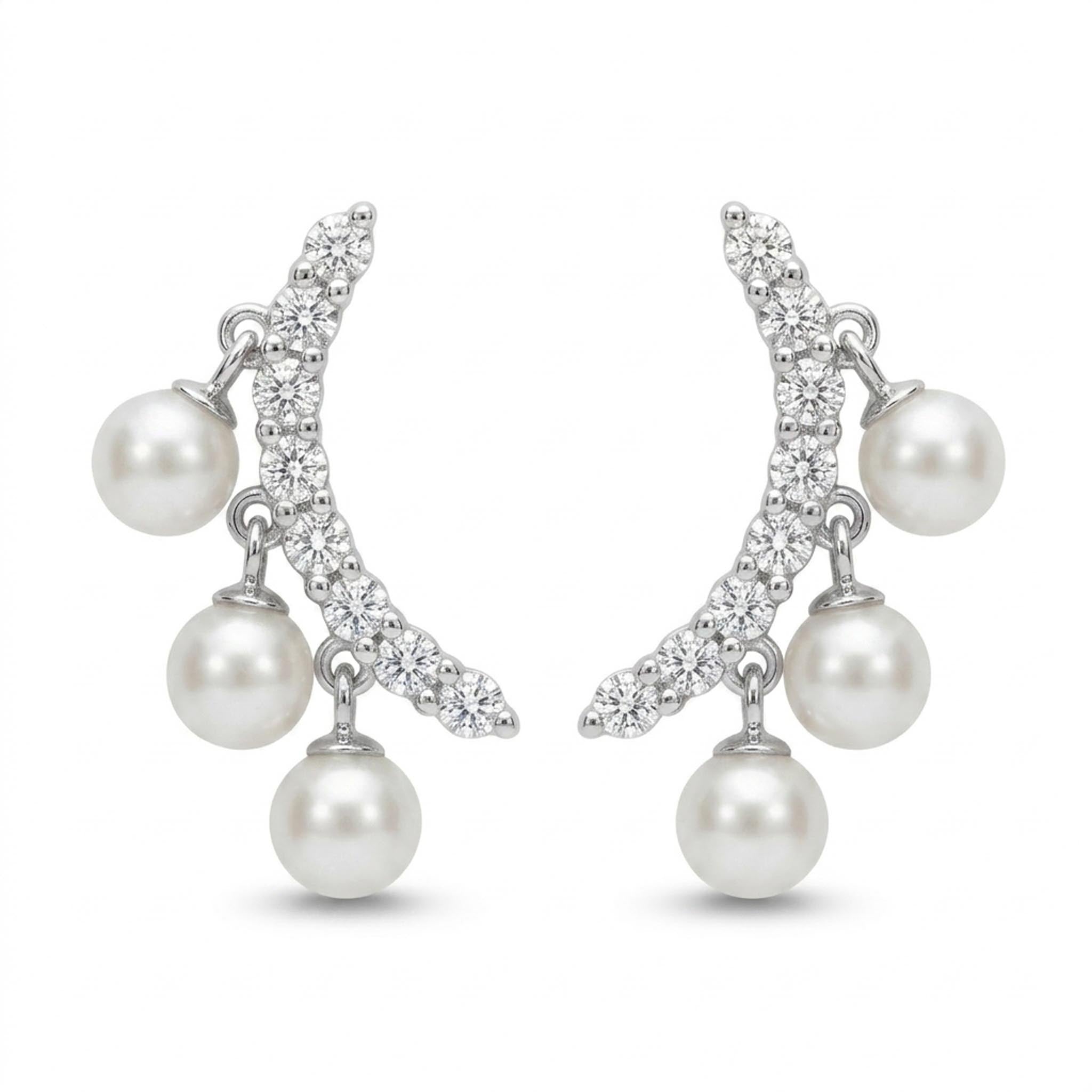Lunar Pearl Drop 925 Sterling Silver Earrings featuring a graceful crescent-inspired design adorned with sparkling cubic zirconia stones and three lustrous pearl drops