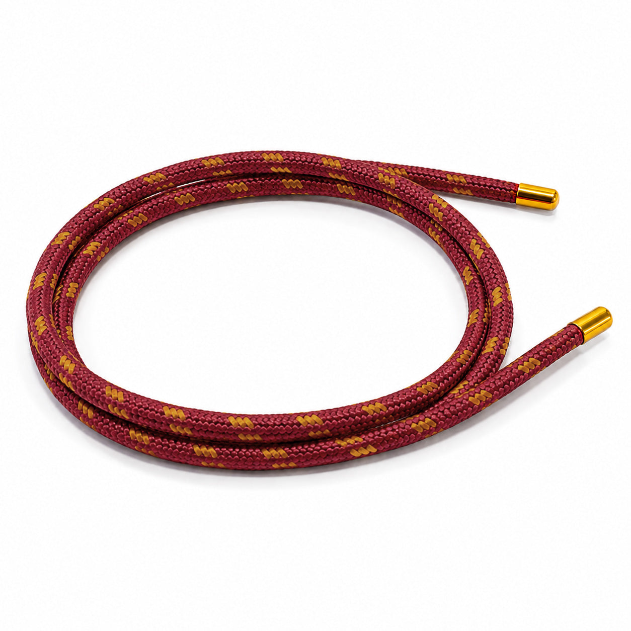 Maroon red and gold patterned magnetic mesh wrap bracelet with gold end caps coiled on a white background.