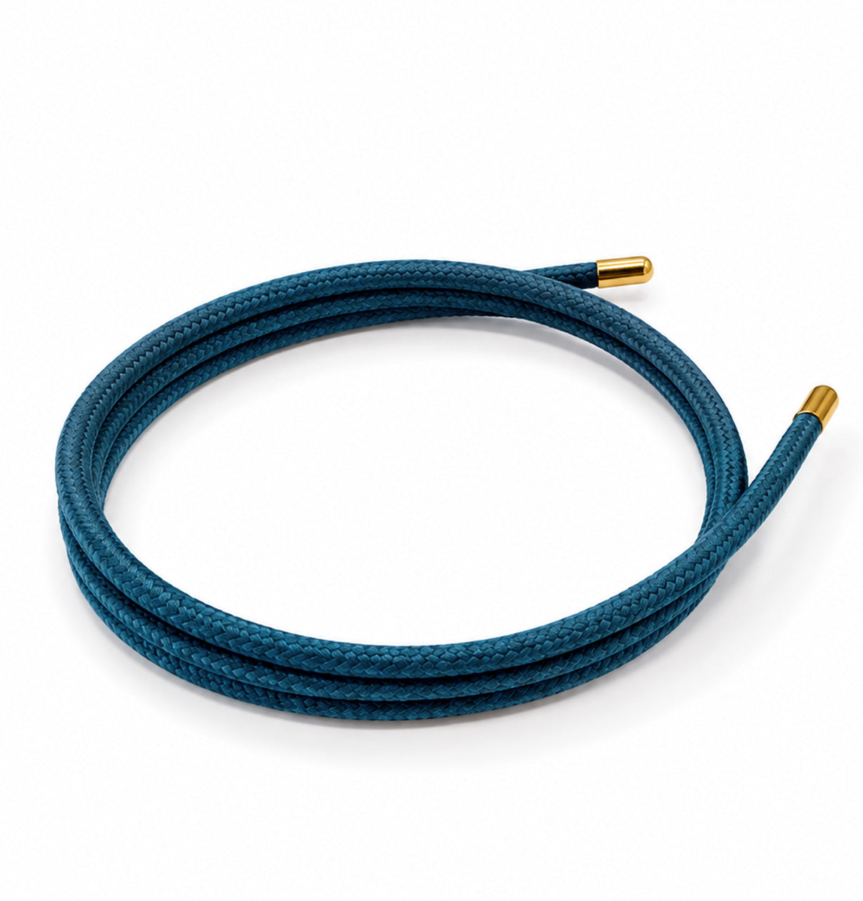 Aqua blue magnetic mesh wrap bracelet with polished gold end caps coiled on a white background.
