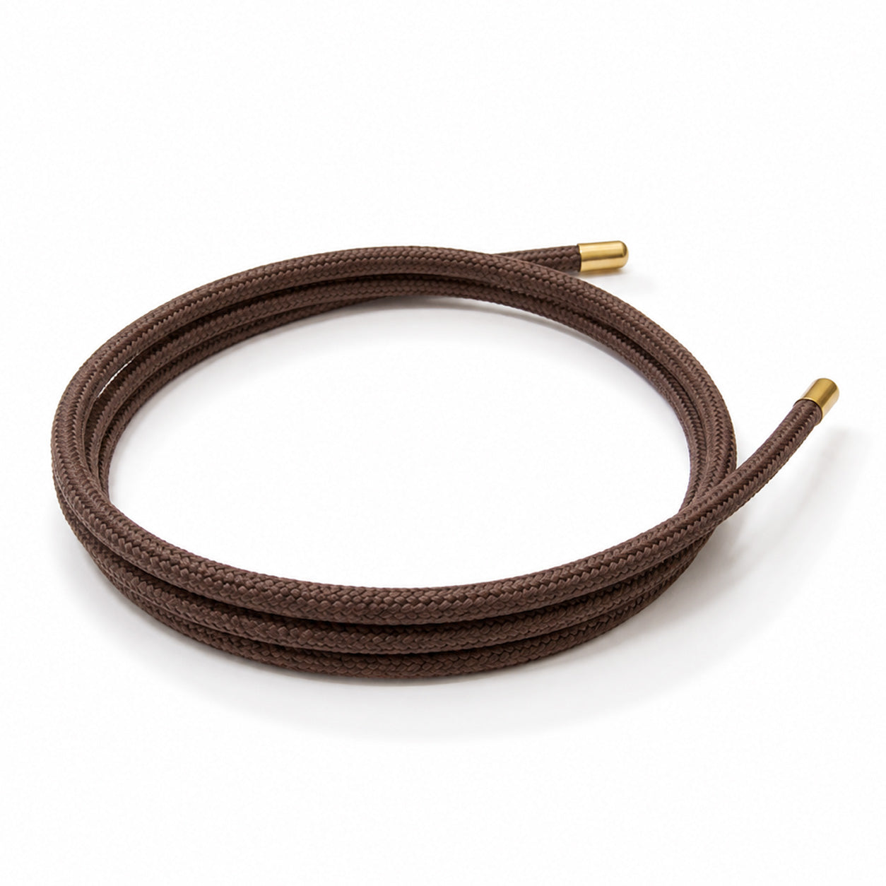 Brown magnetic mesh wrap bracelet with polished gold end caps coiled on a white background.