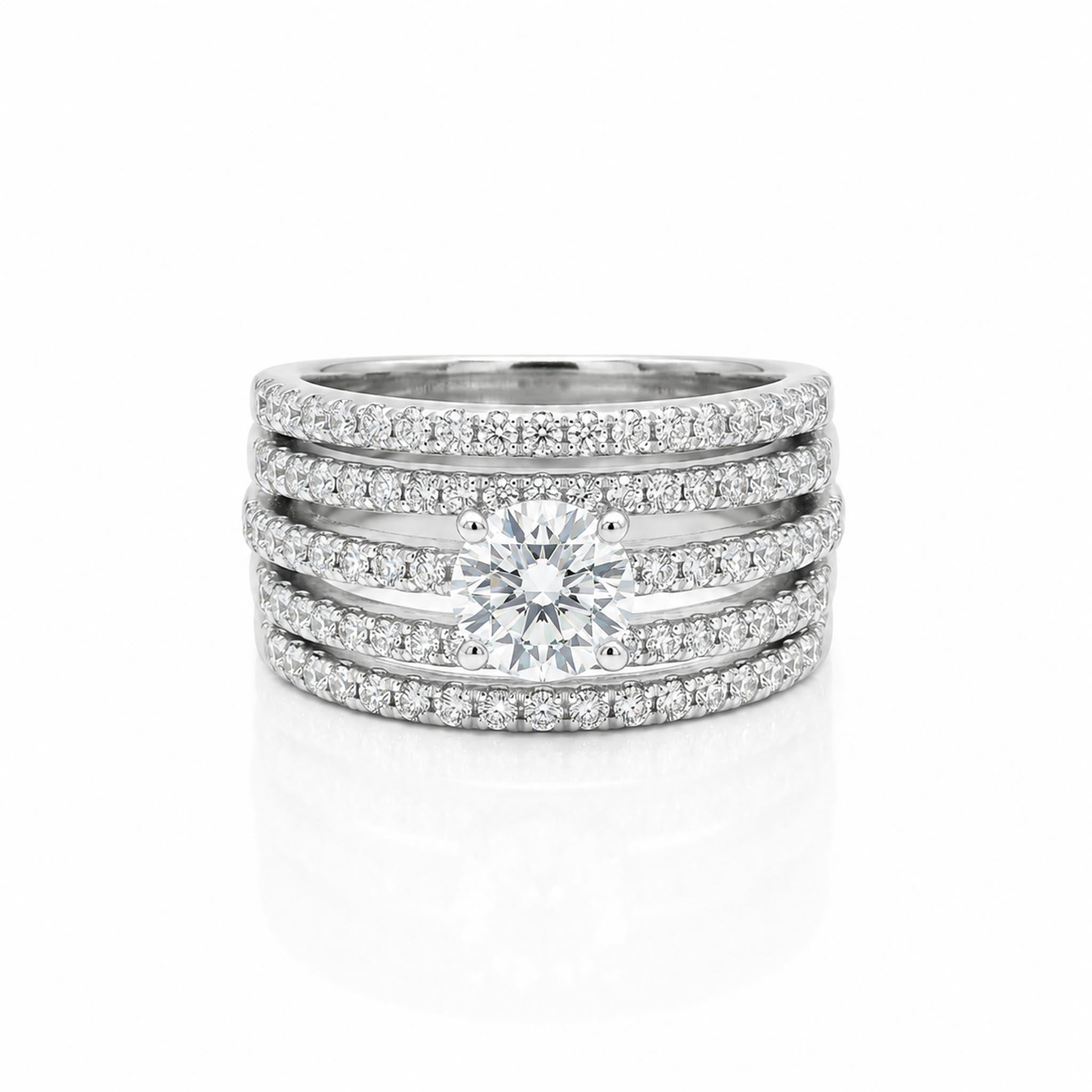 Majestic Diamond 925 Sterling Silver Ring with a round brilliant-cut center stone and multi-row pave diamond band design in polished sterling silver