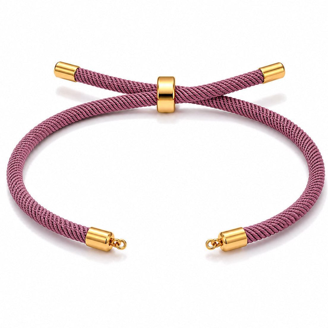 Pink braided cord bracelet with gold-tone end caps and a central sliding clasp, displayed on a clean white background.
