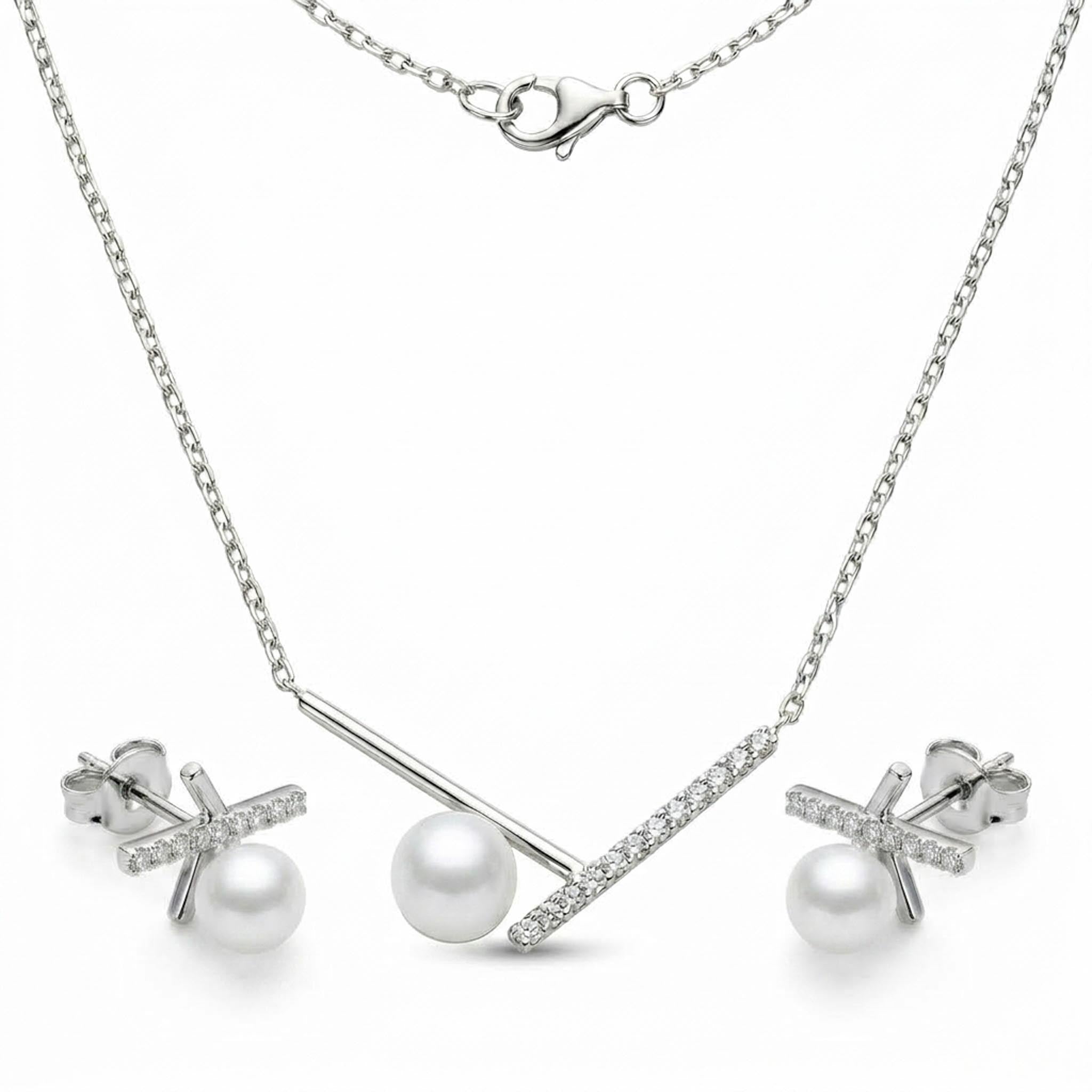 Modern Pearl 925 Sterling Silver Necklace Set featuring an asymmetrical pearl pendant with a sparkling pave bar design, paired with matching pearl stud earrings