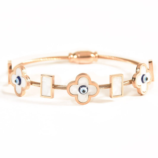 Elegant rosegold flower bangle with mother-of-pearl detailing, a secure magnetic lock, and an anti-tarnish finish, perfect for everyday chic styling and effortless elegance