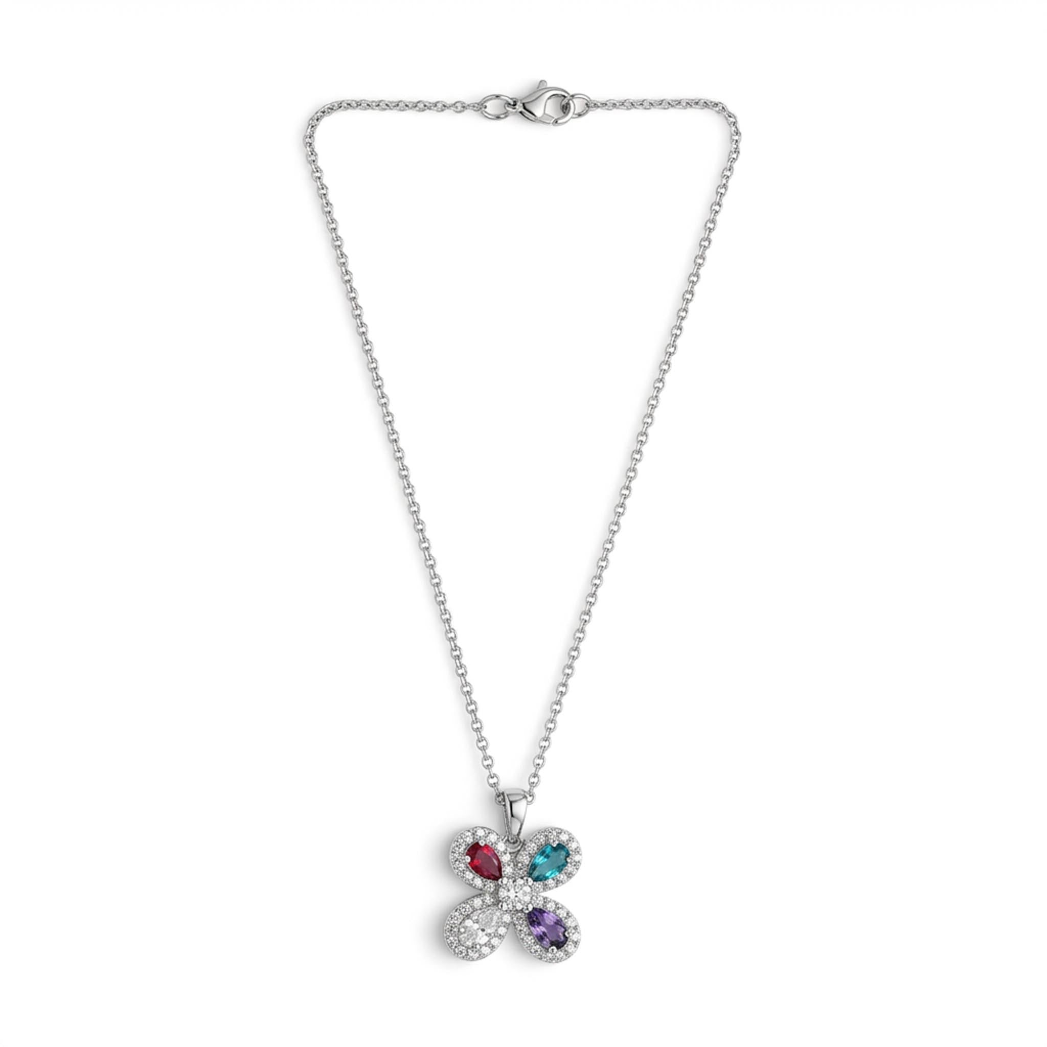 Multicolor Petals 925 sterling silver necklace featuring a floral pendant with sparkling marquise-cut crystals in red, blue, purple, and clear tones, set on a delicate silver chain
