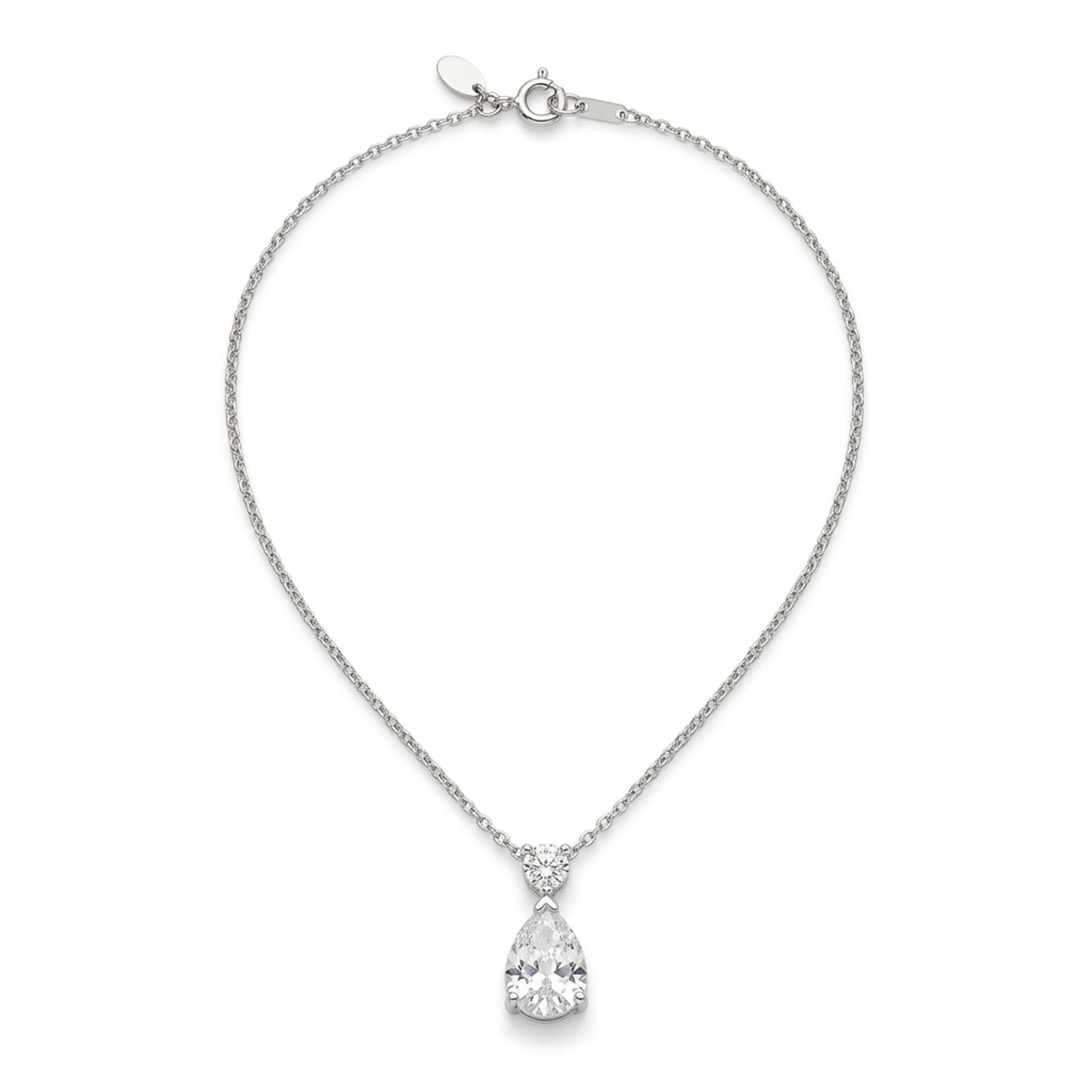 Pear Solitaire 925 sterling silver necklace featuring a brilliant pear-cut crystal pendant suspended beneath a sparkling round crystal accent on a delicate silver chain