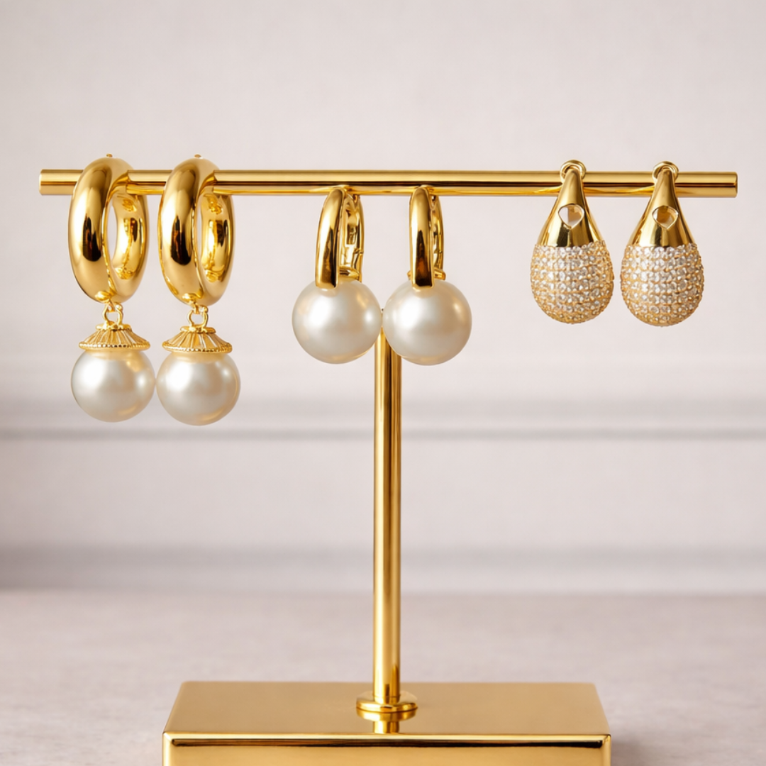 Elegant pearl earring trio featuring gold hoops, pearl studs, and shimmer tear drop earrings