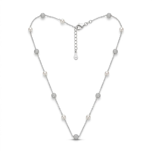 Pearl and Pave Crystal Station Necklace in Silver Tone with Adjustable Chain, Displayed on White Background