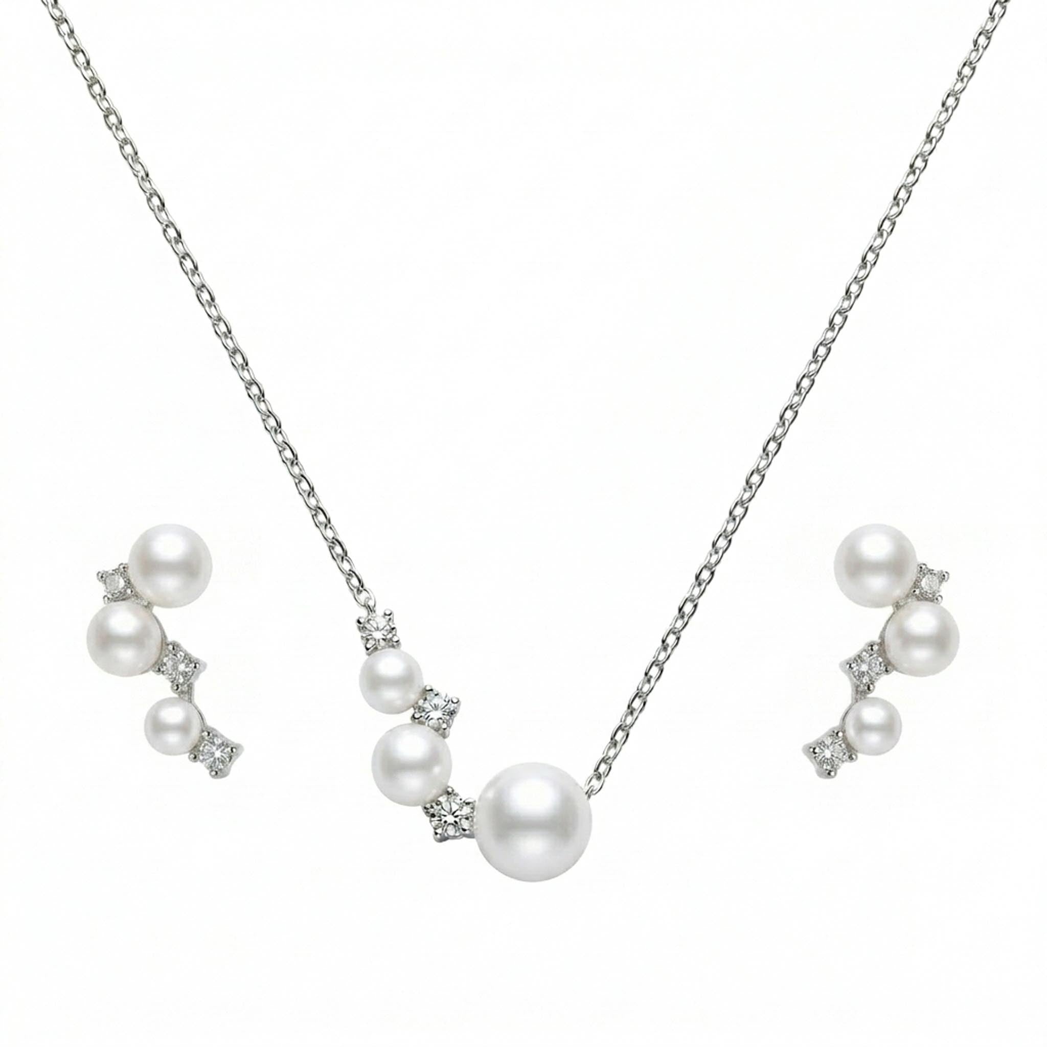 Pearly Cascade 925 Sterling Silver Necklace Set featuring a graduated freshwater pearl-inspired pendant necklace with matching drop earrings