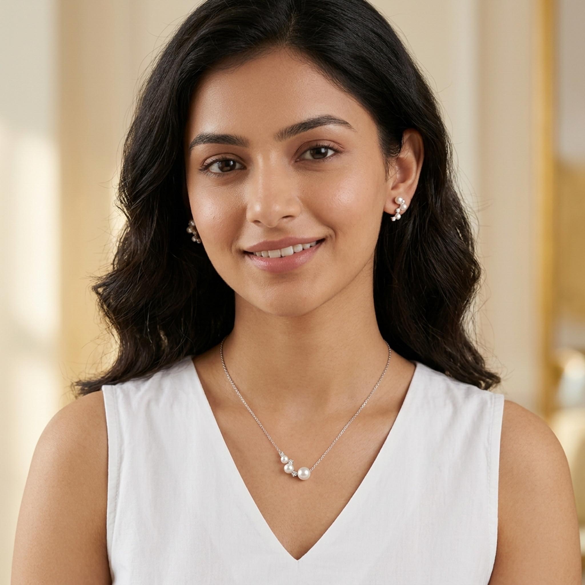 Pearly Cascade 925 Sterling Silver Necklace Set featuring a graduated freshwater pearl-inspired pendant necklace with matching drop earrings