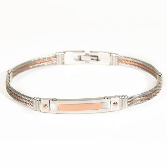Men's dual-tone kada with silver and rose gold detailing, a secure clip-lock design, and an anti-tarnish finish, perfect for everyday wear and modern casual styling.