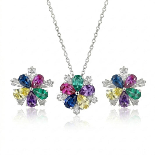 925 sterling silver floral jewelry set featuring a multicolor gemstone pendant necklace and matching stud earrings, displayed on a white background.