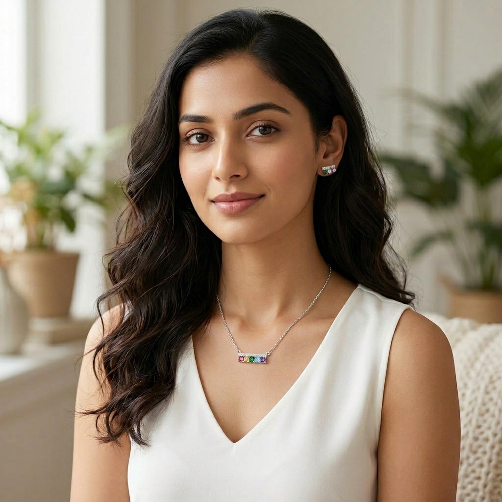 Prism Glow 925 Sterling Silver Necklace Set featuring a rainbow-colored gemstone bar pendant necklace with matching multicolor stud earrings