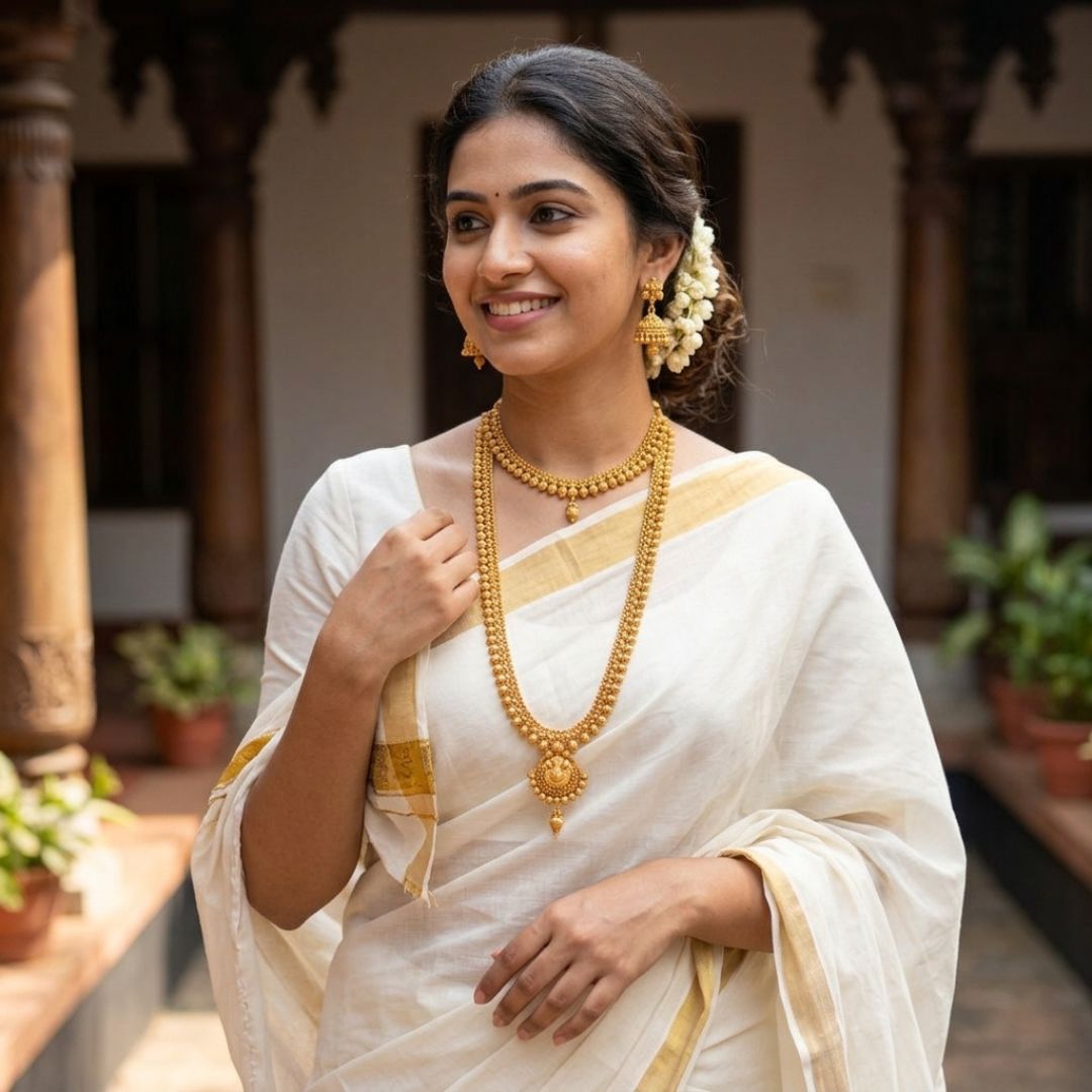 Elegant layered gold necklace set with choker, long haar, jhumkas, and floral studs